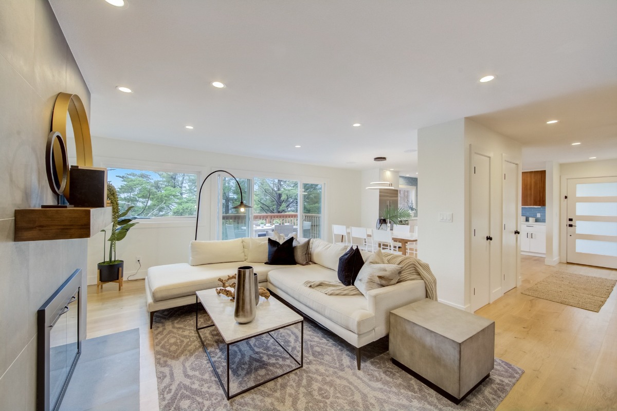 A bright, white living room