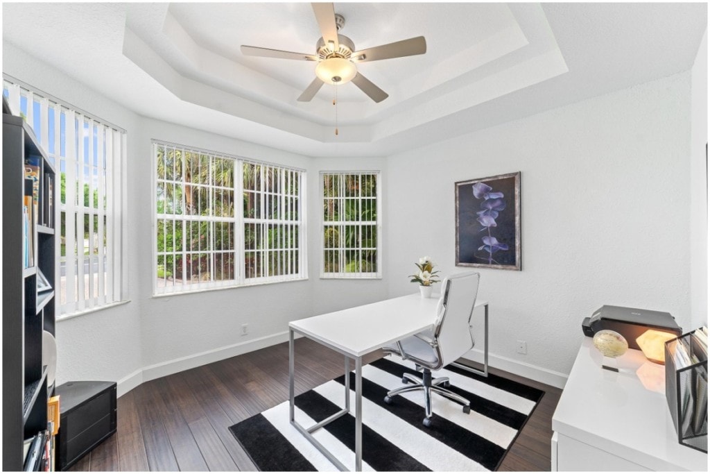 white desk and chair striped rug in home office 