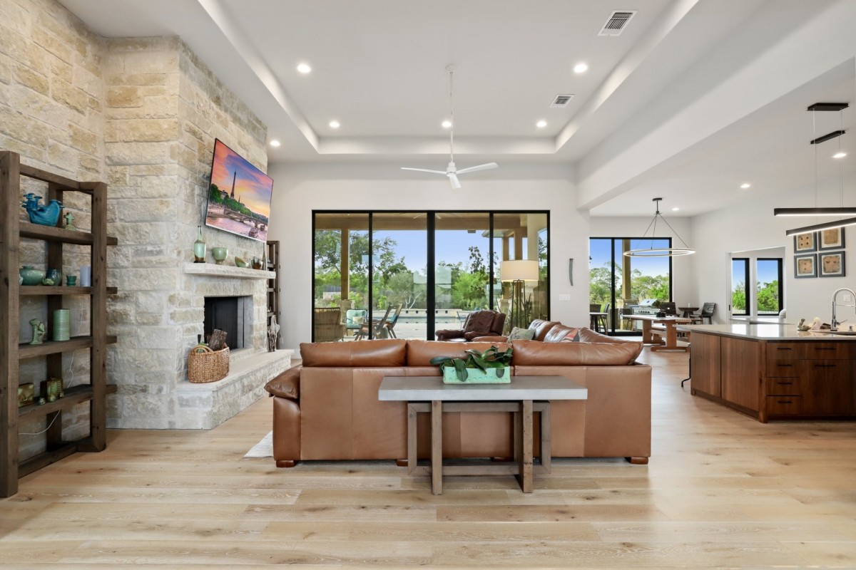 open concept living room with a cohesive floor