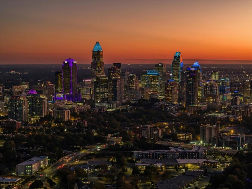 sunset of Charlotte skyline