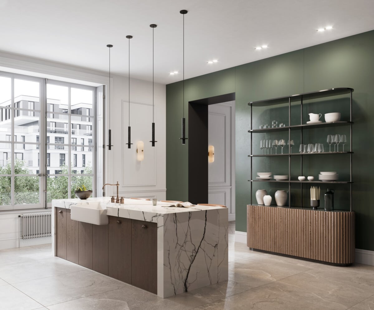 Computer generated image of a simple kitchen design with green wall. 3D rendering of modern kitchen interior with three high chairs at island.