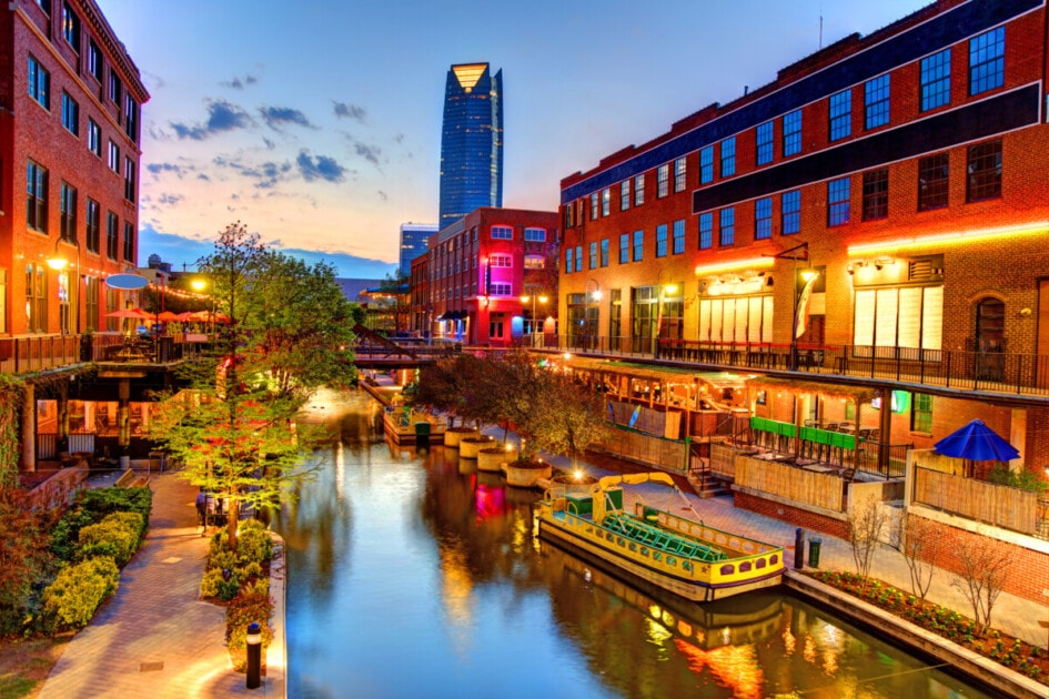 Evening view of the Bricktown Canal in Oklahoma City. Bricktown is an entertainment district just east of downtown Oklahoma City, Oklahoma