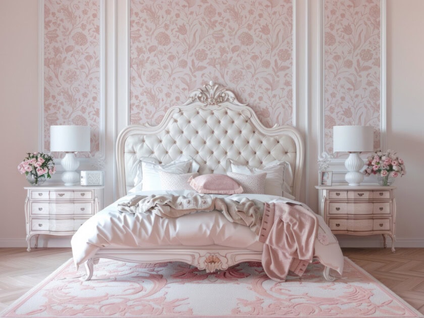 A large bed with a tufted headboard and pink sheets sits in front of a wall covered in pink floral wallpaper--a great room decor idea from Redfin's ultimate coquette room decor guide