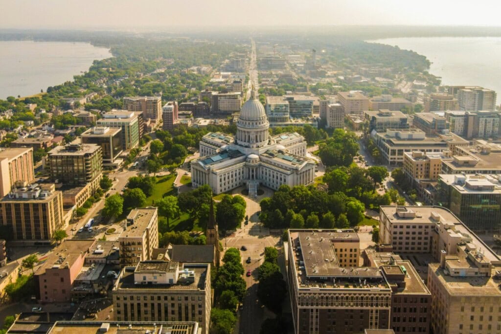 Birds-eye view of Madison with the Wisconsin State Capitol in the center