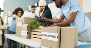 people volunteering and donating